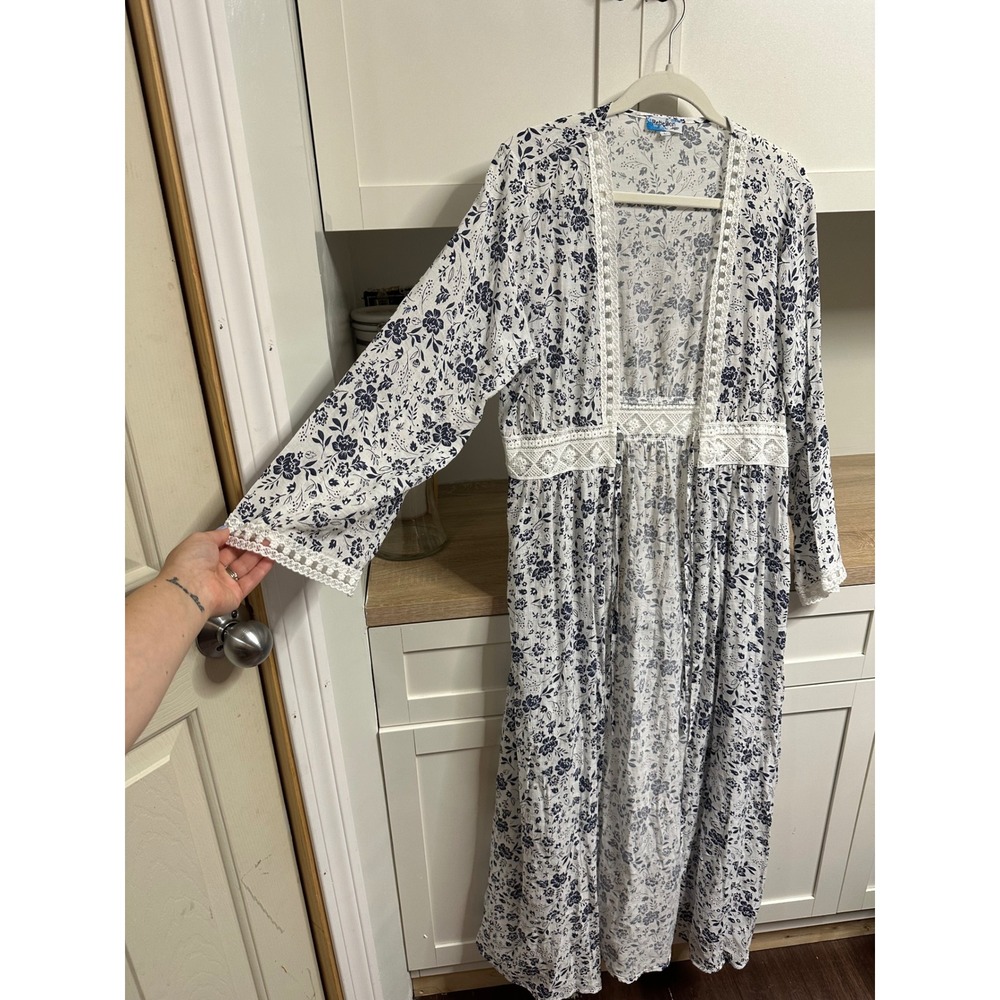 Bohemian Duster Womens L White Blue Floral Lace Kimono Swim‎ Coverup Resortwear